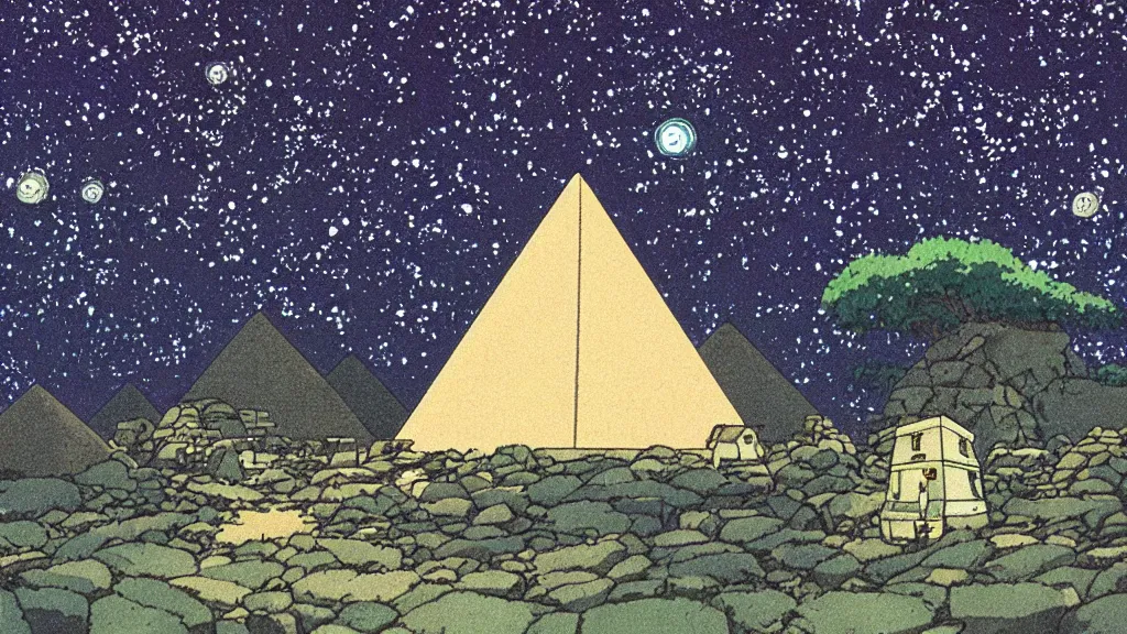 Image similar to a movie still from a studio ghibli film showing a pyramid as a mine runoff storage facility in the rainforest on a misty and starry night. by studio ghibli