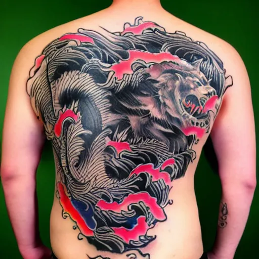 Image similar to photograph of a Japanese back tattoo, colourful ink, traditional Japanese pattern depicting a werewolf, highly-detailed, beautiful, award winning, 8k