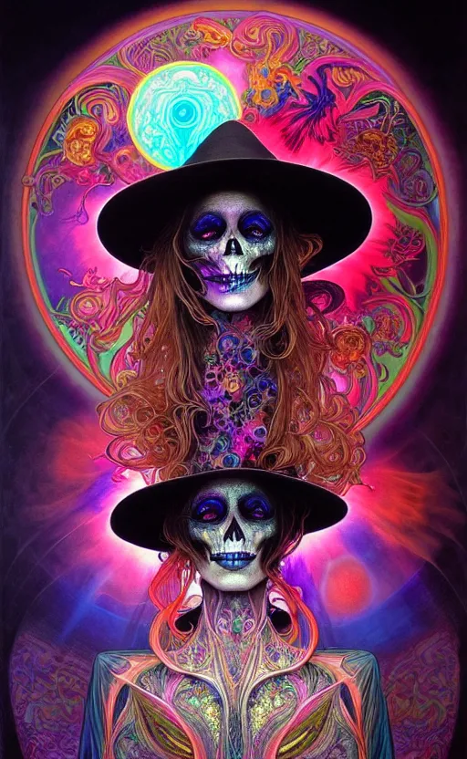 Image similar to An extremely psychedelic celestial undertaker in his black fedora hat, colorful, surreal, dramatic lighting, magic mushrooms, psilocybin, LSD, face, detailed, intricate, elegant, highly detailed, digital painting, artstation, concept art, smooth, sharp focus, illustration, art by Krenz Cushart and Artem Demura and alphonse mucha