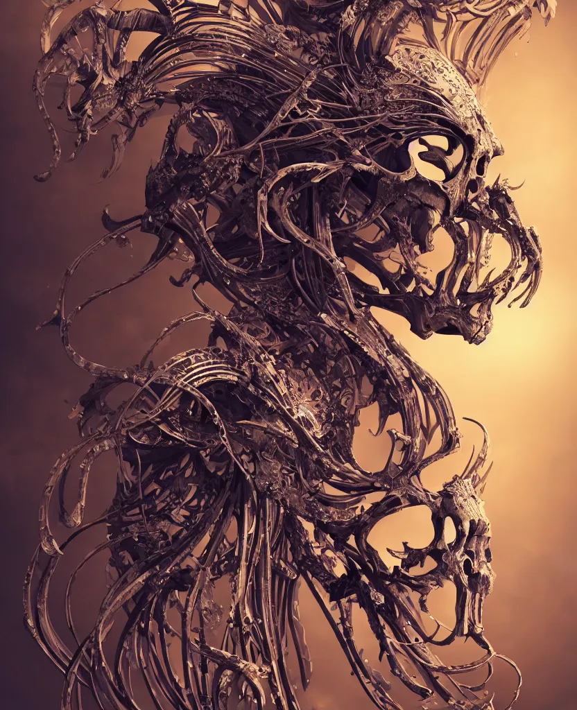 Image similar to close-up macro portrait of the face of a beautiful princess with ram animal skull mask, epic angle and pose, ribcage skeleton symmetrical artwork, 3d with depth of field, blurred background, cybernetic jellyfish female face phoenix bird, translucent, nautilus, energy flows of water and fire. a highly detailed epic cinematic concept art CG render. made in Maya, Blender and Photoshop, octane render, excellent composition, cinematic dystopian brutalist atmosphere, dynamic dramatic cinematic lighting, aesthetic, very inspirational, arthouse. y Greg Rutkowski, Ilya Kuvshinov, WLOP, Stanley Artgerm Lau, Ruan Jia and Fenghua Zhong