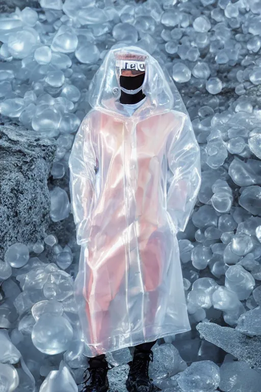 Image similar to an ultra high definition professional high fashion portrait studio full length photograph of a model wearing a transparent pearlescent raincoat and neon visor in an icelandic black rock environment at dawn. no artefacts. extremely detailed. stark. refraction. shallow depth of field. volumetric light and shadow. ray tracing. light rays.