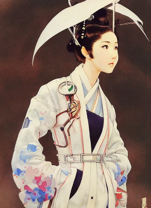 Image similar to a copic maker art nouveau portrait of a japanese anime girl wearing a futuristic balenciaga pilot suit with a puffy kimono by john berkey norman rockwell