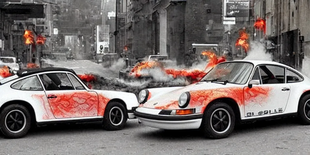 Prompt: porsche 911 time traveling in back 2 the future. flaming tire marks on the street behind. 88miles per hour