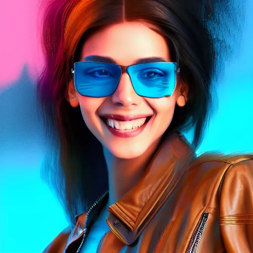 Prompt: closeup painting of a very beautiful young mexican cyberpunk woman smiling, wearing light blue shades and a leather jacket, one side haircut, long brown hair with light blue ends, portrait, hyperdetailed, artstation, cgsociety, 8 k, synthwave by tangerine dream