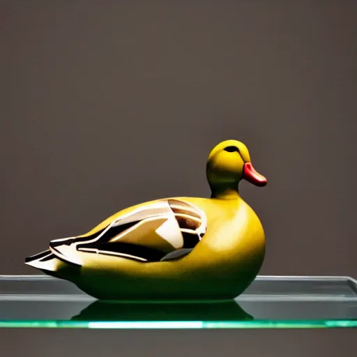 Prompt: a duck made of glass, sitting on a wooden table