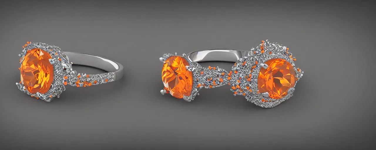 Image similar to simple white gold magic crystal ring, radiant cut, fire, orange, gold, smooth shank, crystal, engravings, diamonds, product design, jewelry, colorful, art by gerald brom, greg rutkowski and artgerm, photo realism, unreal engine, c 4 d