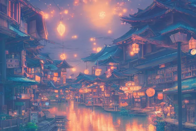 Prompt: fantasy art of a japan town at night, with glowing giant goldfish swimming in the air, by makoto shinkai, highly detailed digital art, trending on artstation