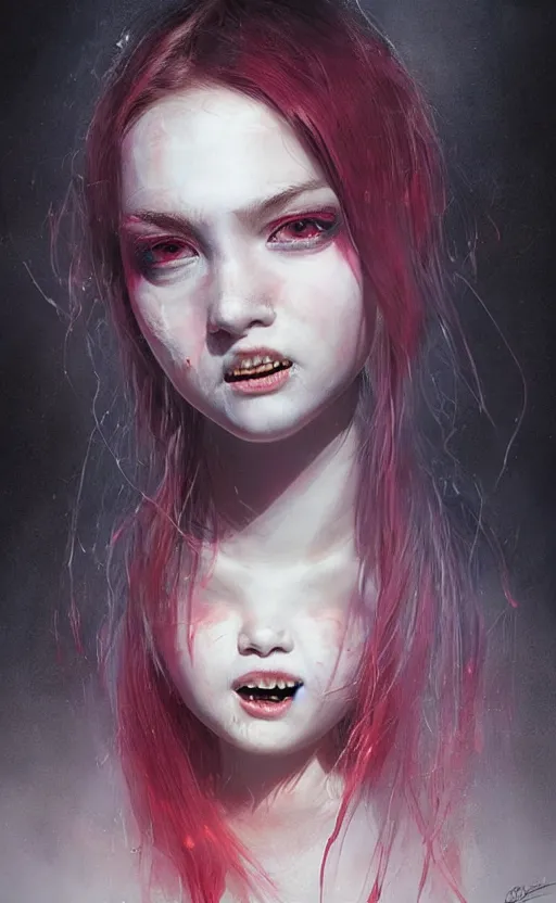 Image similar to insanely detailed full body 3 d portrait of girl with pouty aerochrome ( ( ( lips ) ) ), powerful, adorable, expressive eyes, big evil grin, kawaii playful pose of a dancer, greg rutkowski, charlie bowater, yuumei, stephen gammell, unreal 5, daz, hyperrealistic, dark, dynamic lighting, fantasy art, beautiful face