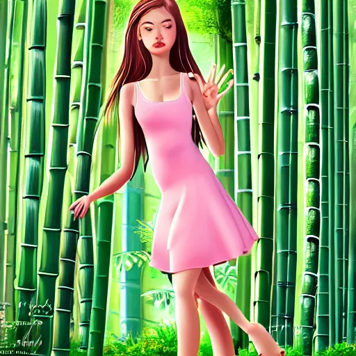 Prompt: A young beautiful giantess with a pretty face,she has green eyes, a cute nose and pink lips,she is wearing a sundress and sandals, walking in a bamboo forest ,detailed body and eyes,proper anatomy, beautiful lighting,,digital art , highly detailed , high contrast, beautiful lighting, award winning , trending on art station, 8k, photo realistic,unreal engine 5