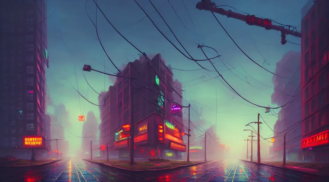 Prompt: building, avenue, cloudy sky, paved roads, in the style of simon stalenhag, by thomas kinkade, trending on artstation, photorealistic, destroyed buildings, vivid colors scheme, neon signs, sharp, cinematic, digital art