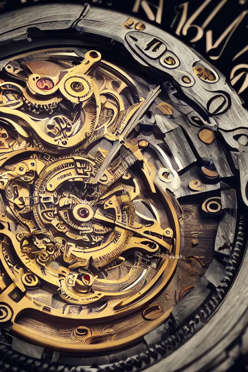 Prompt: a macro photo of a mechanical watch, close - up, intricate details, intricately detailed engravings, intricate textures, warm lighting, vivid colors, realistic octane render, hyper realistic render, volumetric shading, depth of field, raytracing, 8 k,