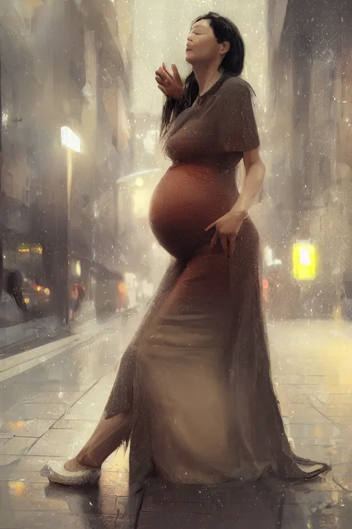 Image similar to pregnant woman under street light, highly detailed, sharp focused, ultra realistic digital concept art by Ruan Jia