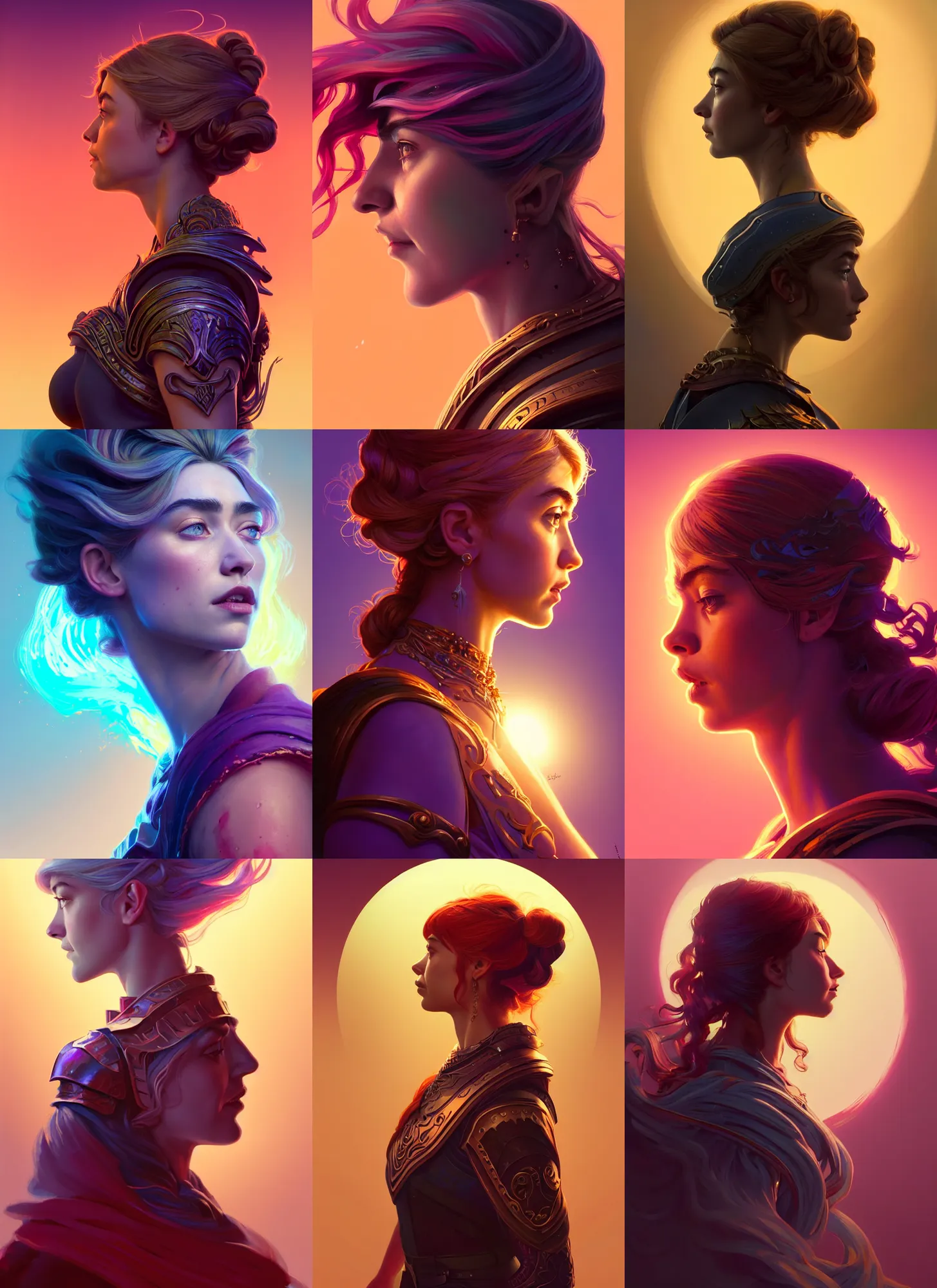 Prompt: side profile centered painted portrait, Imogen Poots as a Paladin, D&D, Gloomhaven, matte painting concept art, art nouveau, beautifully backlit, swirly vibrant color lines, fantastically gaudy, aesthetic octane render, 8K HD Resolution, by ilya kuvshinov and Cushart Krentz and Gilleard James