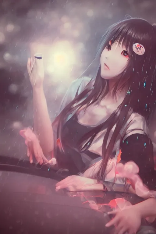 Prompt: art by D. Jun, by Mo Xiang Tong Xiu, Infrared Unreal Engine render, cute girls in Japanese maid's clothes and smoking inside a JDM car in the rain at night in a parking lot, anime vintage colors, polaroid, foggy, smoke, steam, parov, trending on artstation, volumetric light, cinematic render, ultra realistic, oil painting