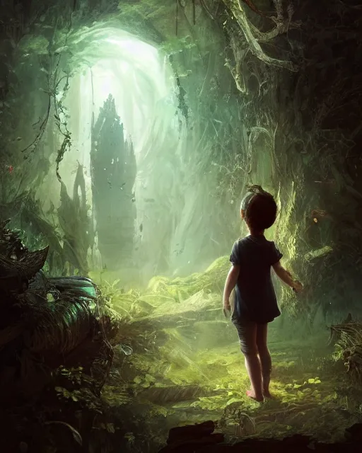 Image similar to a child looking at a dimensional portal in the hidden garden, scare, environment art, fantasy art, landscape art, in the style of greg rutkowski, illustration, epic, fantasy, intricate, hyper detailed, artstation, concept art, smooth, sharp focus, ray tracing