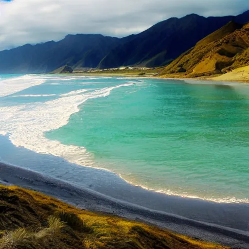 Prompt: Beautiful beach landscape from Lord of the rings New Zealand amazing