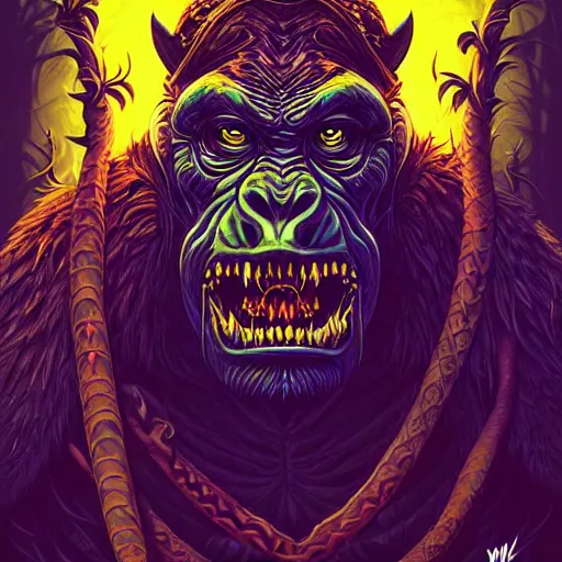 Prompt: barong family member, wiwek, mara demon, one single tribe member, jungle, one single mask, dark, ancient warrior, gorilla, lizard, tribal, inner glow, art by dan mumford and justin gerard and sachin teng