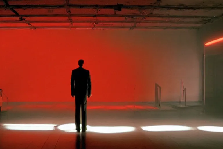 Image similar to back view of a man facing an audience at the atmospheric and obscure, red neon light, by roger deakins, cinematography, syd mead