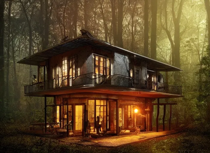 Prompt: house in a clearing in the middle of a large forest, beautifully lit, retro science fiction vintage art, steampunk