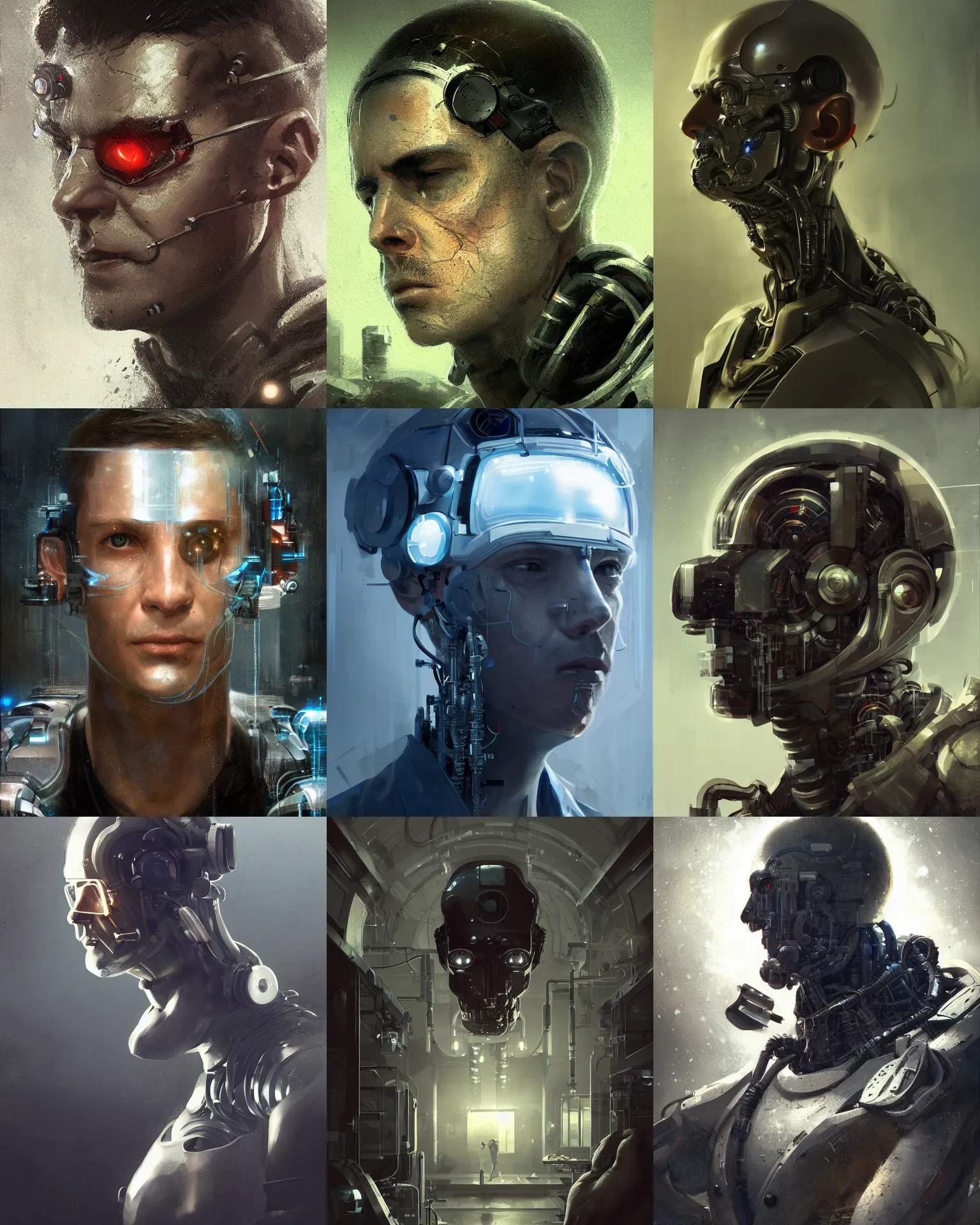 Prompt: a laboratory operator man with cybernetic enhancements seen from a distance, 1 / 4 headshot, scifi character portrait by greg rutkowski, craig mullins, cinematic lighting, dystopian scifi gear, profile picture, mechanical, cyborg, half robot