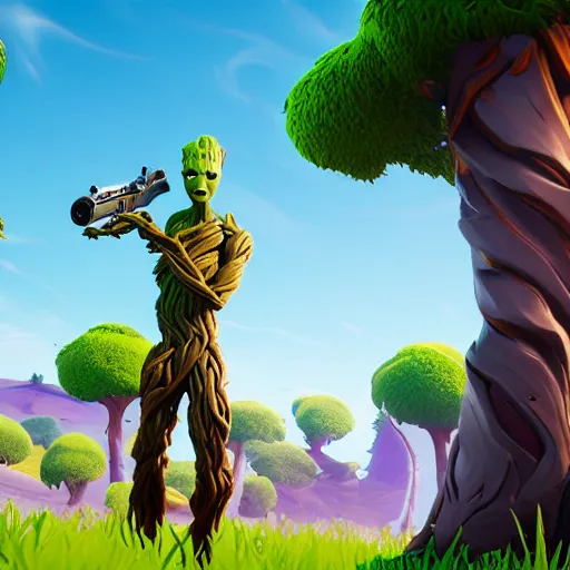 Prompt: Groot in Fortnite. Unreal Engine, Fortnite game graphics