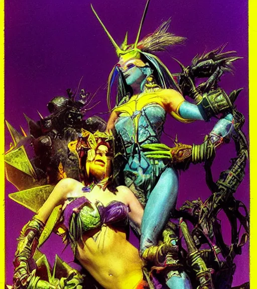 Image similar to evil princess of the wasteland, scrap metal headdress, strong line, vivid neon color, yellow purple, beautiful! coherent! by brian froud, by frank frazetta, low angle