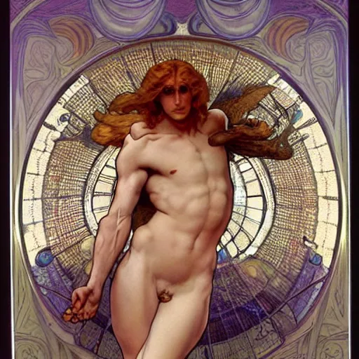 Image similar to A extreme long shot, stunning, breathtaking, awe-inspiring, award-winning, ground breaking, concept art, nouveau painting, of Lucifer, extra-light natural blonde hair, sophisticated well rounded face, bright glowing eyes, fit body, porcelain looking skin, standing tall invincible over the remains of Heaven, by Michelangelo, Alphonse Mucha, Michael Whelan, William Adolphe Bouguereau, John Williams Waterhouse, and Donato Giancola, Dark Fantasy mixed with Socialist Realism, exquisite, intricate, dramatic, hyperrealistic, atmospheric, cinematic, trending on ArtStation , symmetrical, high resolution, 3D, PBR, path tracing, volumetric lighting, octane render, arnold render, 8k