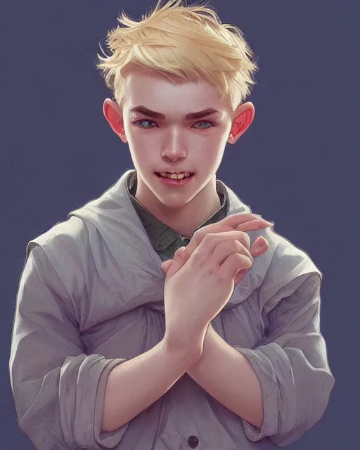 Image similar to 1 5 - year - old boy with blonde hair, round - face, and slightly buck - toothed, highly detailed, digital painting, artstation, concept art, smooth, sharp focus, illustration, art by artgerm and greg rutkowski and alphonse mucha