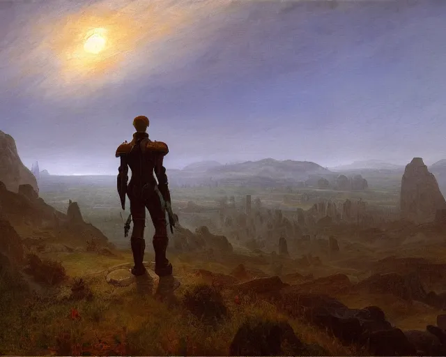 Prompt: A painting of a doom slayer by Caspar David Friedrich, 8K, hyper-realistic, matte painting