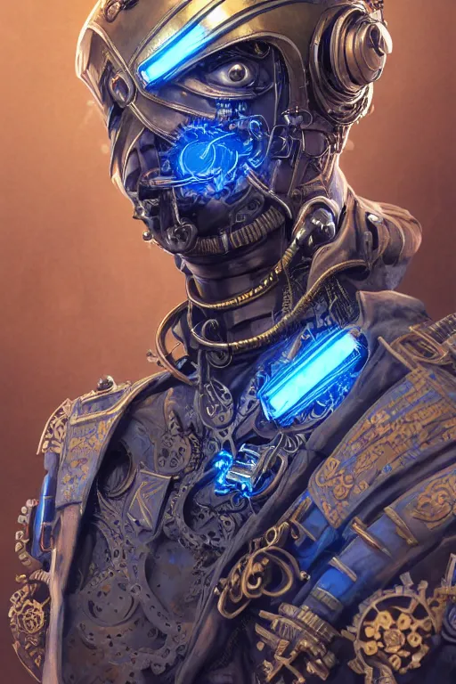 Image similar to Portrait of a steampunk sci-fi cyborg ninja male , third person, D&D, sci-fi fantasy, intricate, blue and gold, highly detailed , art by Range Murata, highly detailed, 3d, octane render, bright colors, digital painting, trending on artstation, sharp focus, illustration style of Stanley Artgerm,