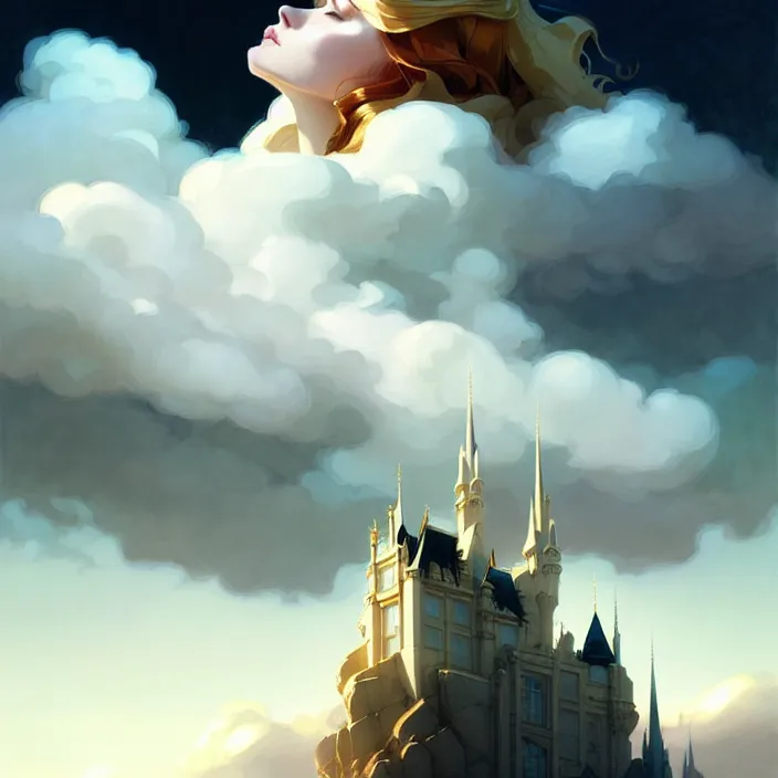 Image similar to style artgerm, joshua middleton, jeremy lipking, soft castle in the sky white with gold, majestic spires, clouds swirling, detailed, sky setting, volumetric lighting