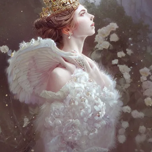 Image similar to a sweet queen with a decorated dress made of white cotton roses and white and cream plumes of swan, highly detailed, digital painting, Trending on artstation , HD quality, by artgerm and greg rutkowski and alphonse mucha, dramatic light, octane