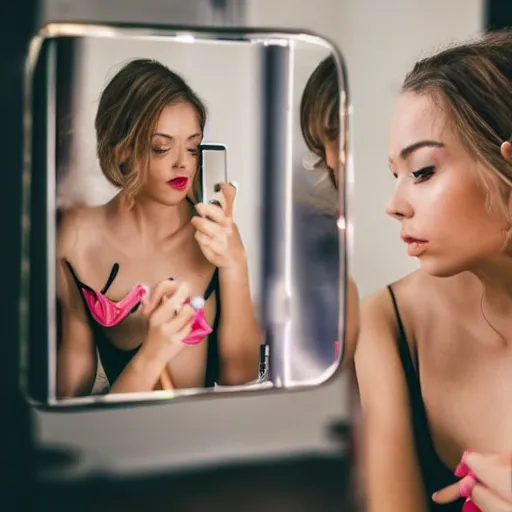 Prompt: an aesthetic image of a woman taking a selfie in the mirror, only to see a sexy reality in the reflection