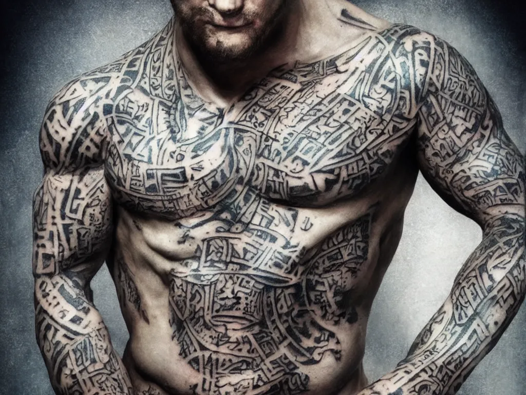 Image similar to front portrait of a muscular torso covered in runic tattoos front view, art by Ruan Jia , Moebious, Craig Mullin, and Nick Knight