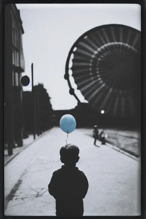 Image similar to photo polaroid of a sad and lonely child in the middle of a street holds the string of a balloon in front of him a Ferris wheel of a funfair, loneliness, black and white ,photorealistic, 35mm film,