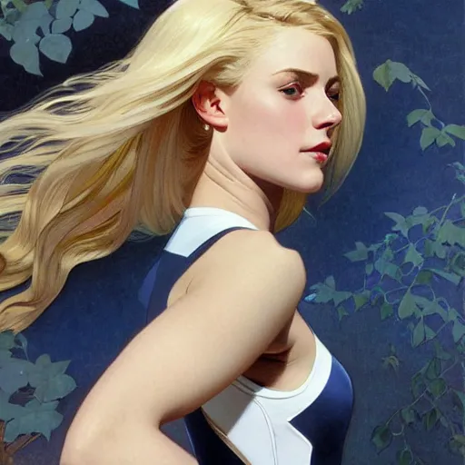 Image similar to a beautiful portrait of a beautiful cute young superhero woman, shoulder - length blonde hair, tight solid matte navy blue lycra bodysuit, white cape, intricate, elegant, 8 k, highly detailed, digital painting, concept art, smooth, sharp focus, illustration, by artgerm greg rutkowski alphonse mucha loish wlop