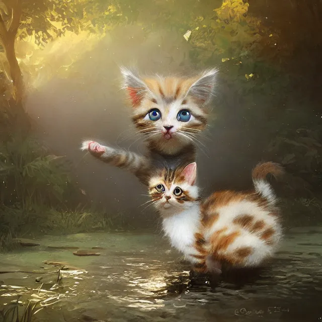 Prompt: a painting of a cute kitten at a creek. disney character design by cory loftis, fenghua zhong, ryohei hase, ismail inceoglu and ruan jia. volumetric light, detailed, rendered in octane