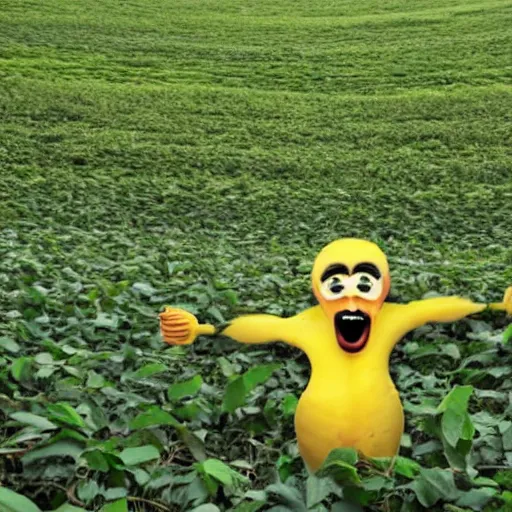 Image similar to scared man made out of bananas in a field of monkeys