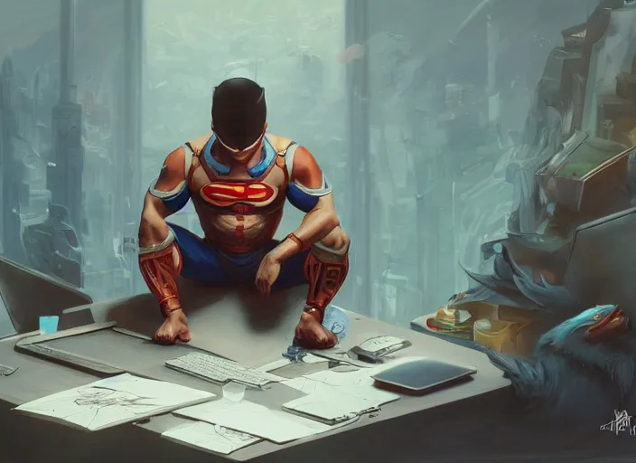 Prompt: an insanely detailed painting of an asian man wearing a homemade superhero costume, sitting at a desk, staring seriously at the computer and typing, in the style of peter mohrbacher, james jean, artgerm, dramatic lighting and composition, surreal background, octane render, pixar, trending on artstation, concept art, comic book, view from behind, 8 k