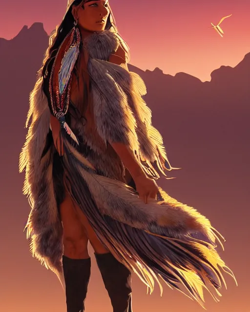 Prompt: the shadow, a gorgeous native American woman, a feather scarf, head ban with eagle feather, elk hide wrap and a bokeh western desert background at sunset, highly detailed, hard light digital painting, artstation, concept art, sharp focus, illustration, inspired by greg rutkowski and alphonse mucha and Felix Kelly