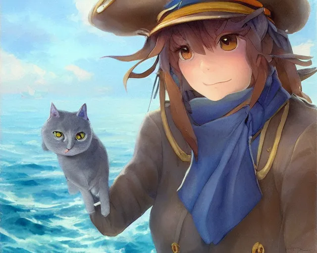 Image similar to a Russian Blue cat pirate on her boat, sitting down, captain hat, proud, cat pirate crew, ocean. By Makoto Shinkai, Stanley Artgerm Lau, WLOP, Rossdraws, James Jean, Andrei Riabovitchev, Marc Simonetti, krenz cushart, Sakimichan, trending on ArtStation, digital art.