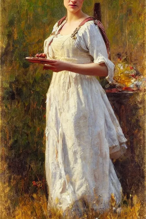 Image similar to Yvonne Strahovski by Solomon Joseph Solomon and Richard Schmid and Jeremy Lipking victorian genre painting full length portrait painting of a young beautiful woman traditional german barmaid in traditional costume