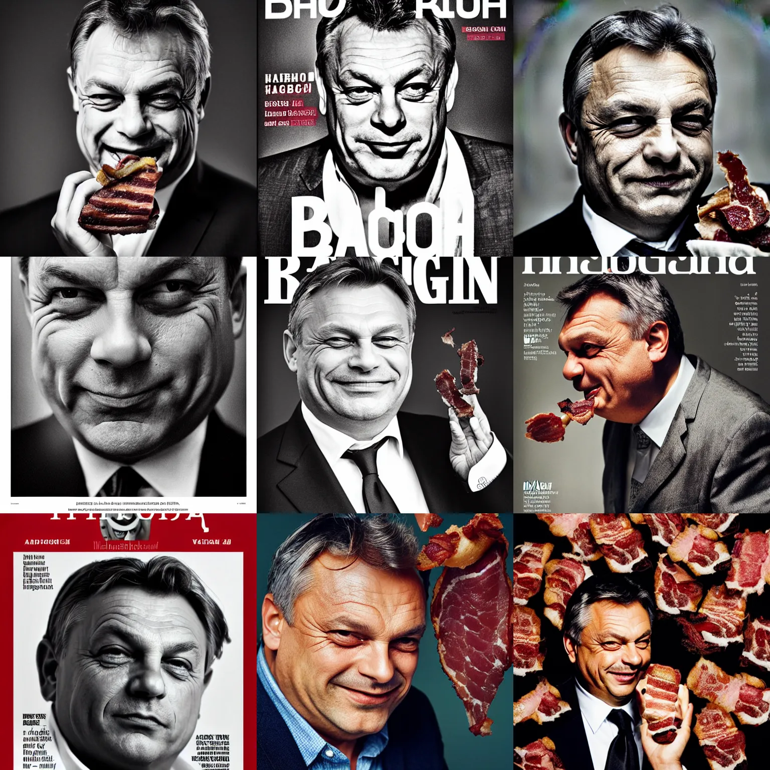 Prompt: headshot magazine cover photo of viktor orban winking with bacon by peter lindbergh