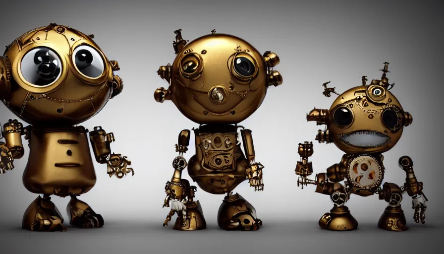 Prompt: two cute steampunk robots with souls and with dragon scales and large eyes smiling and waving, isolated on white background, 3D occlusion