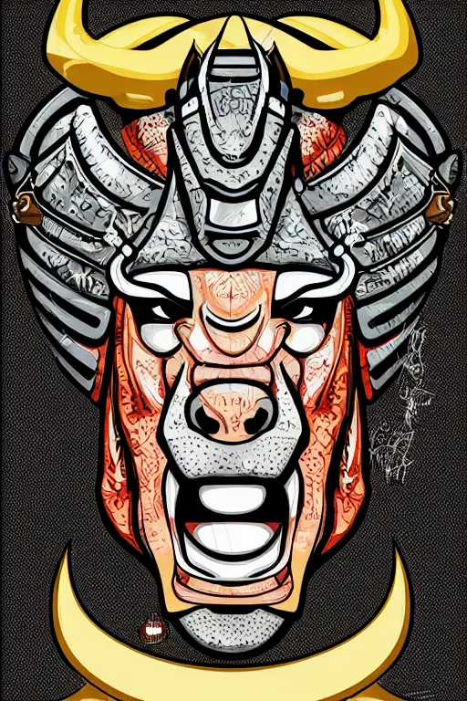 Image similar to A portrait of a bull as evil warlord general, sticker, Anthropomorphized, portrait, highly detailed, colorful, illustration, smooth and clean vector curves, no jagged lines, vector art, smooth