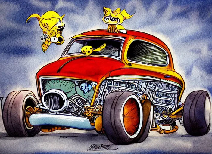 Image similar to funny, racoon riding in a tiny hot rod coupe with oversized engine, ratfink style by ed roth, centered award winning watercolor pen illustration, by chihiro iwasaki, edited by range murata