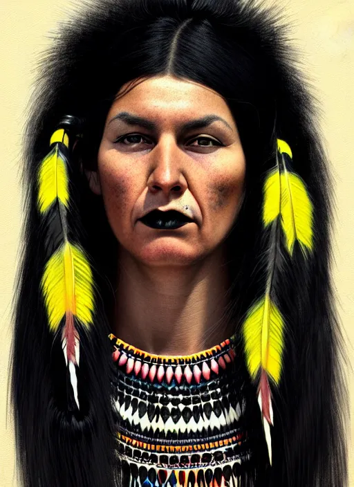 Prompt: portrait of a native american woman with a crooked nose and a confident expression, 1 9 6 0 s, black clothes, goth, punk, brightly coloured hair, funk, intricate, elegant, highly detailed, digital painting, artstation, concept art, smooth, sharp focus, illustration, art by wlop, mars ravelo and greg rutkowski