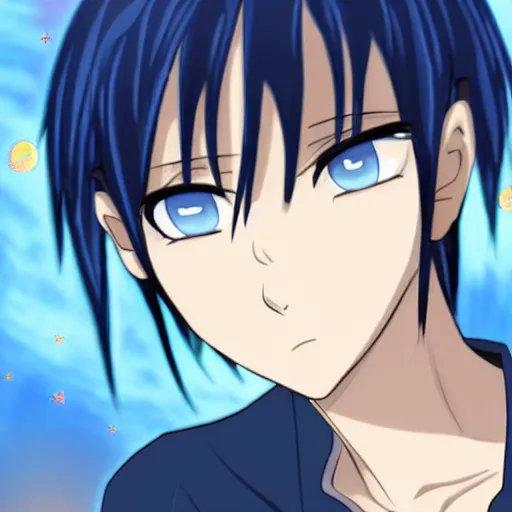 Prompt: a dark blue haired anime boy with deep blue eyes, with an indigo - tinted cosmic background