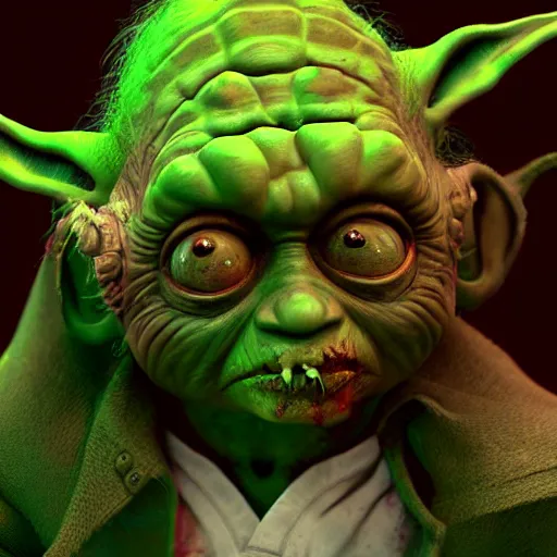 Image similar to zombie yoda, yoda as a zombie, zombified, scary, hyperrealistic, digital render, octane, artstation