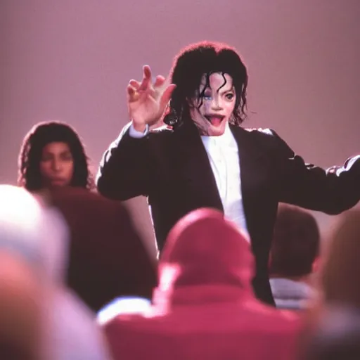 Image similar to cinematic still of Michael Jackson preaching at a Baptist Church in Rural Tennessee, close up, shallow depth of field, cinematic